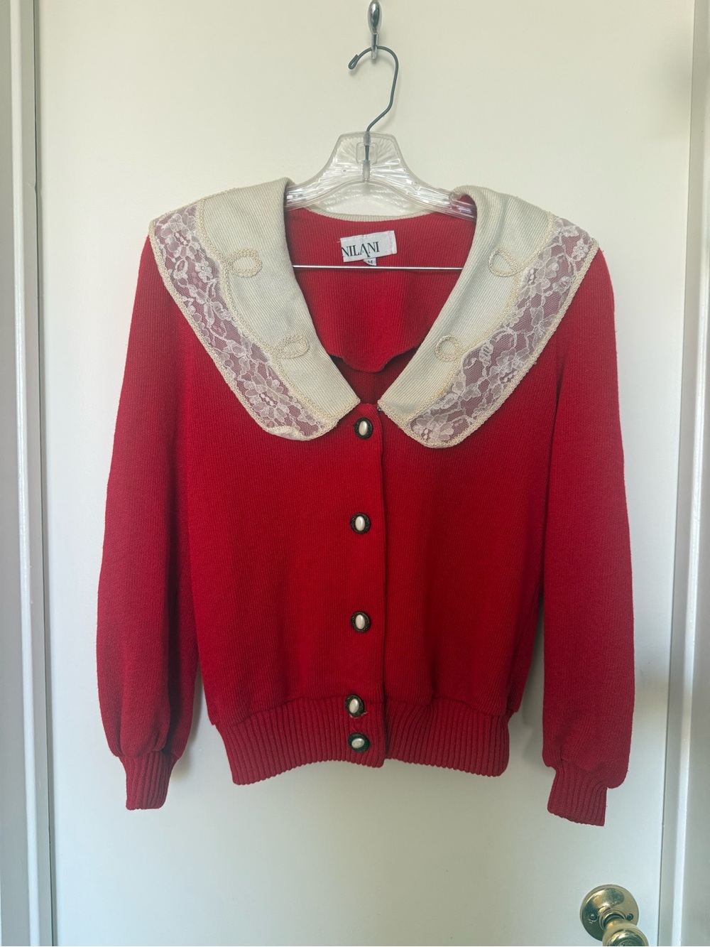 Vintage 80s Nilani Red Lace Collar Cardigan Sweater Shoulder Pads M